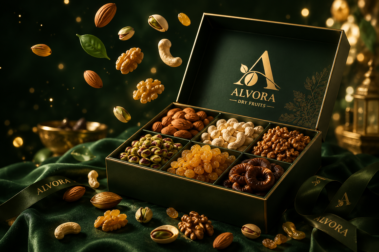 ALVORA premium dry fruits gift box with floating almonds, cashews, pistachios, walnuts and raisins